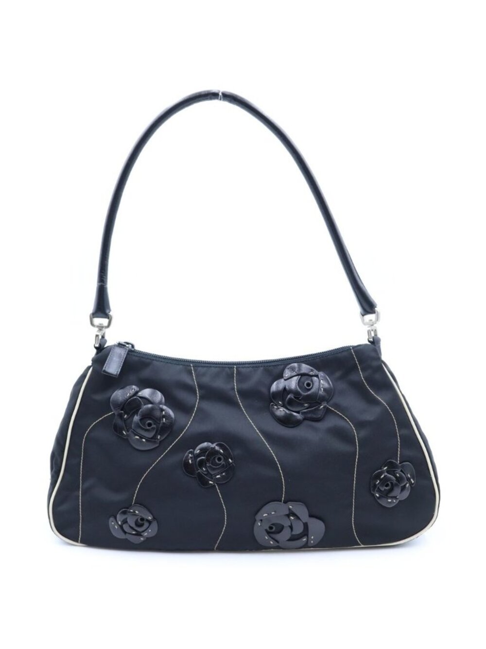 Prada Leather Flower Bag Black Nylon Silver